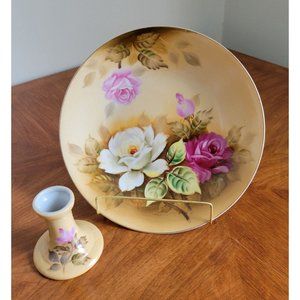 Vintage Lefton China Heritage Roses Set Hand Painted Bowl and Candlestick Patent